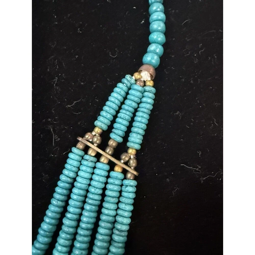 Multi Layered Metal Bead Turquoise Color Bead Bib Necklace 18.5”